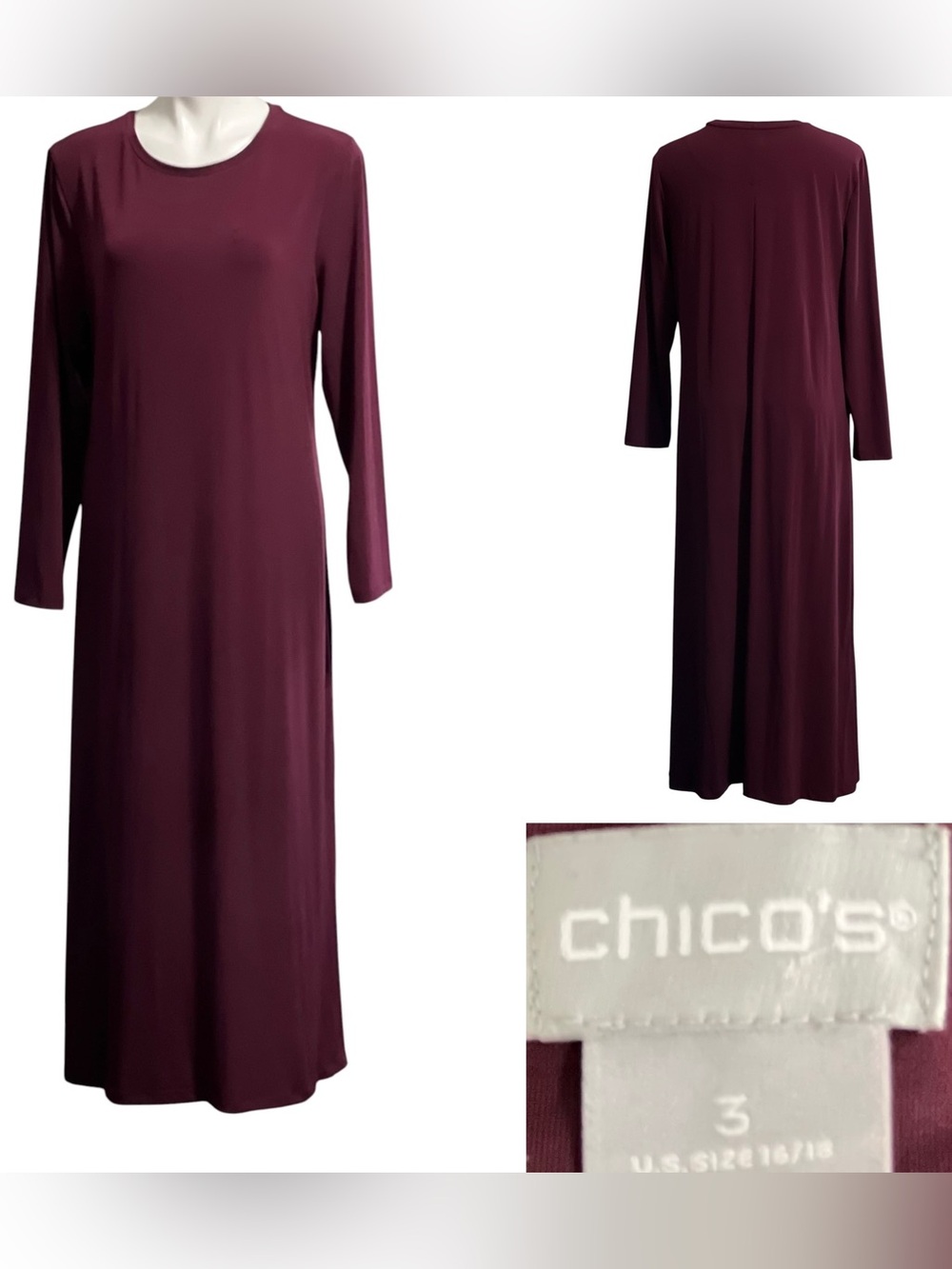 Chico's Maxi Dress sz 16/18 Long Sleeve Deep Wine burgundy stretch office casual